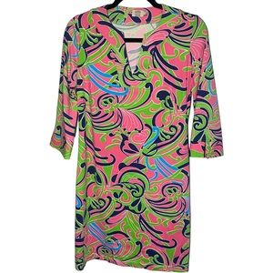 Katherine Way Womens Small Sheath Scuba Stretch Dress SPF Retro Swirl Pink Blue‎